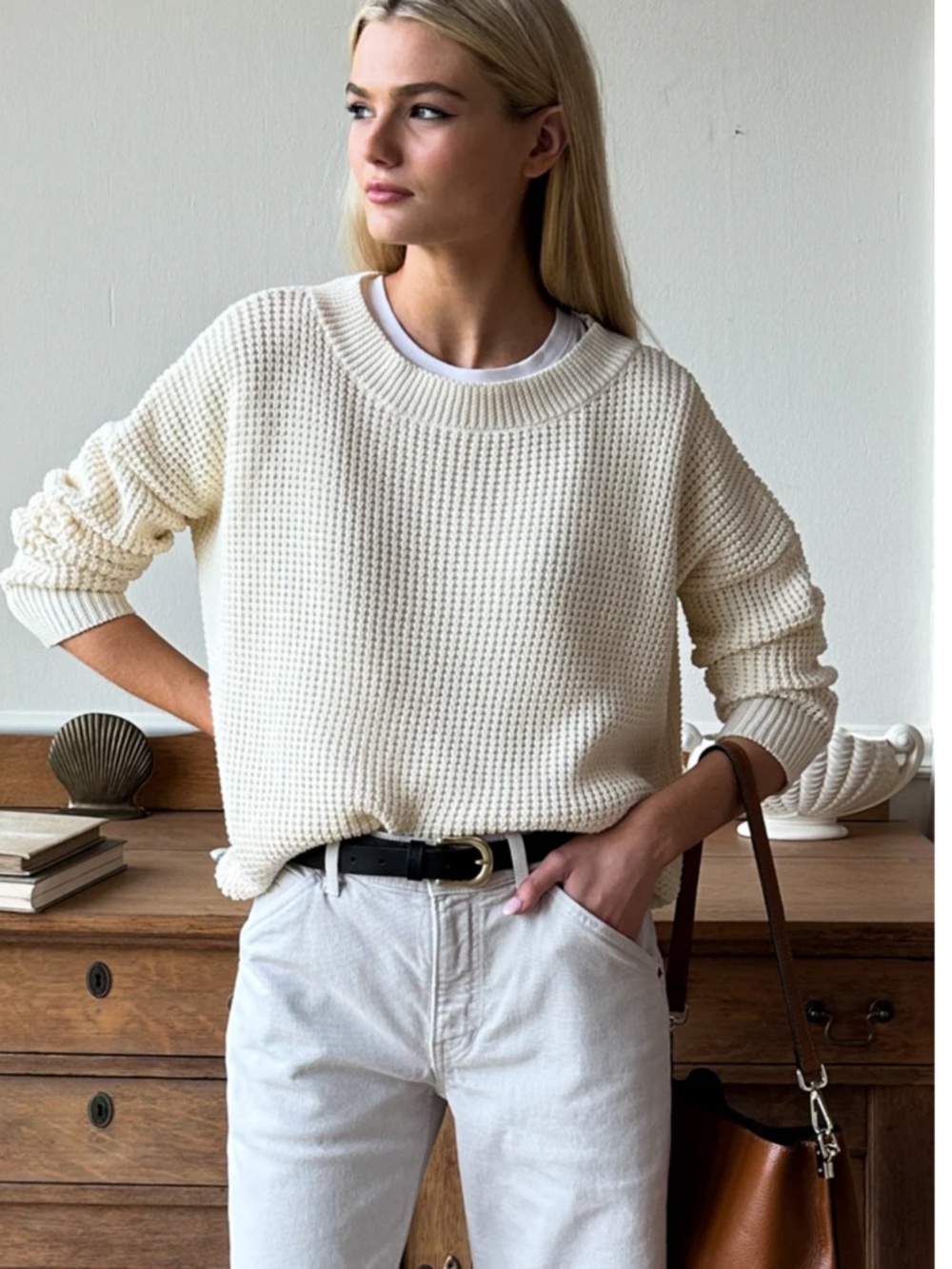 Emerson Fry Daily Sweater Cream Waffle-Knit Sweater - in Ivory Organic